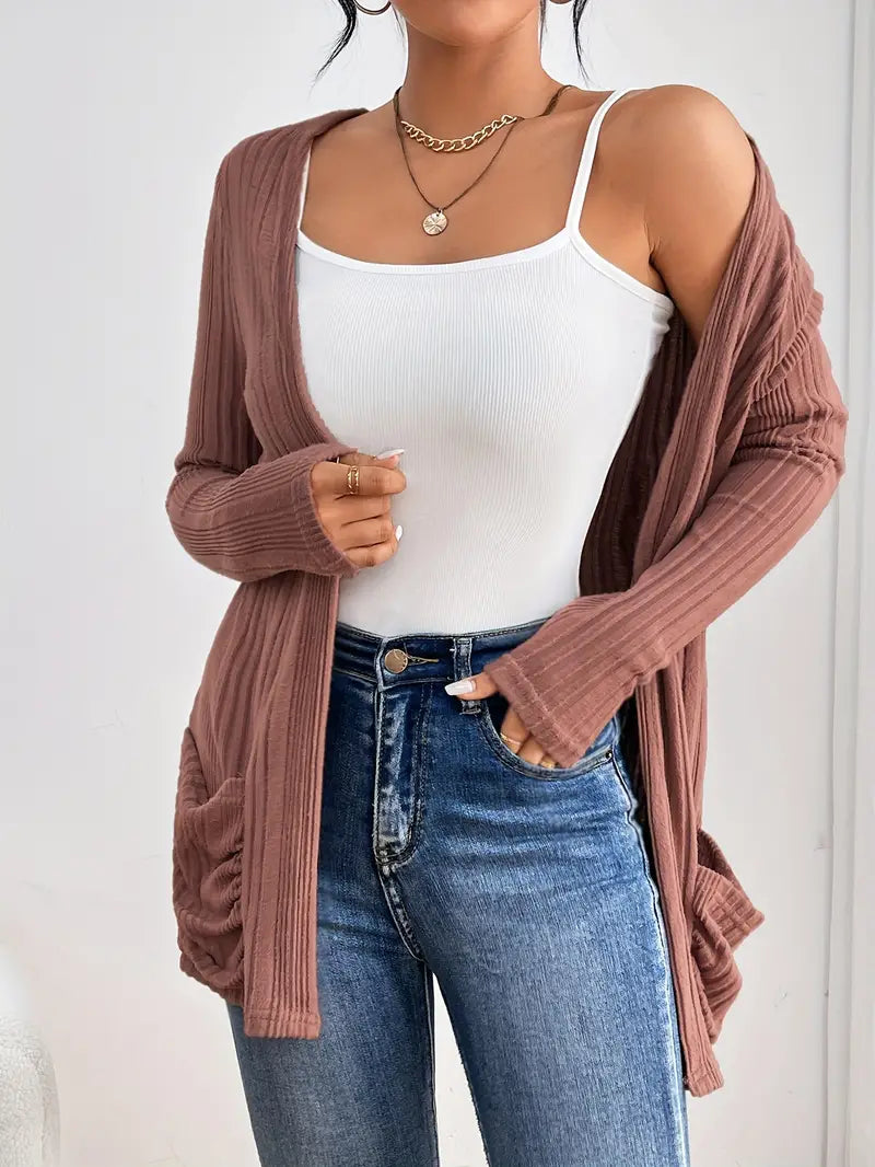 Sfrcord® Solide Strickjacke mit offener Vorderseite und Rippenmuster